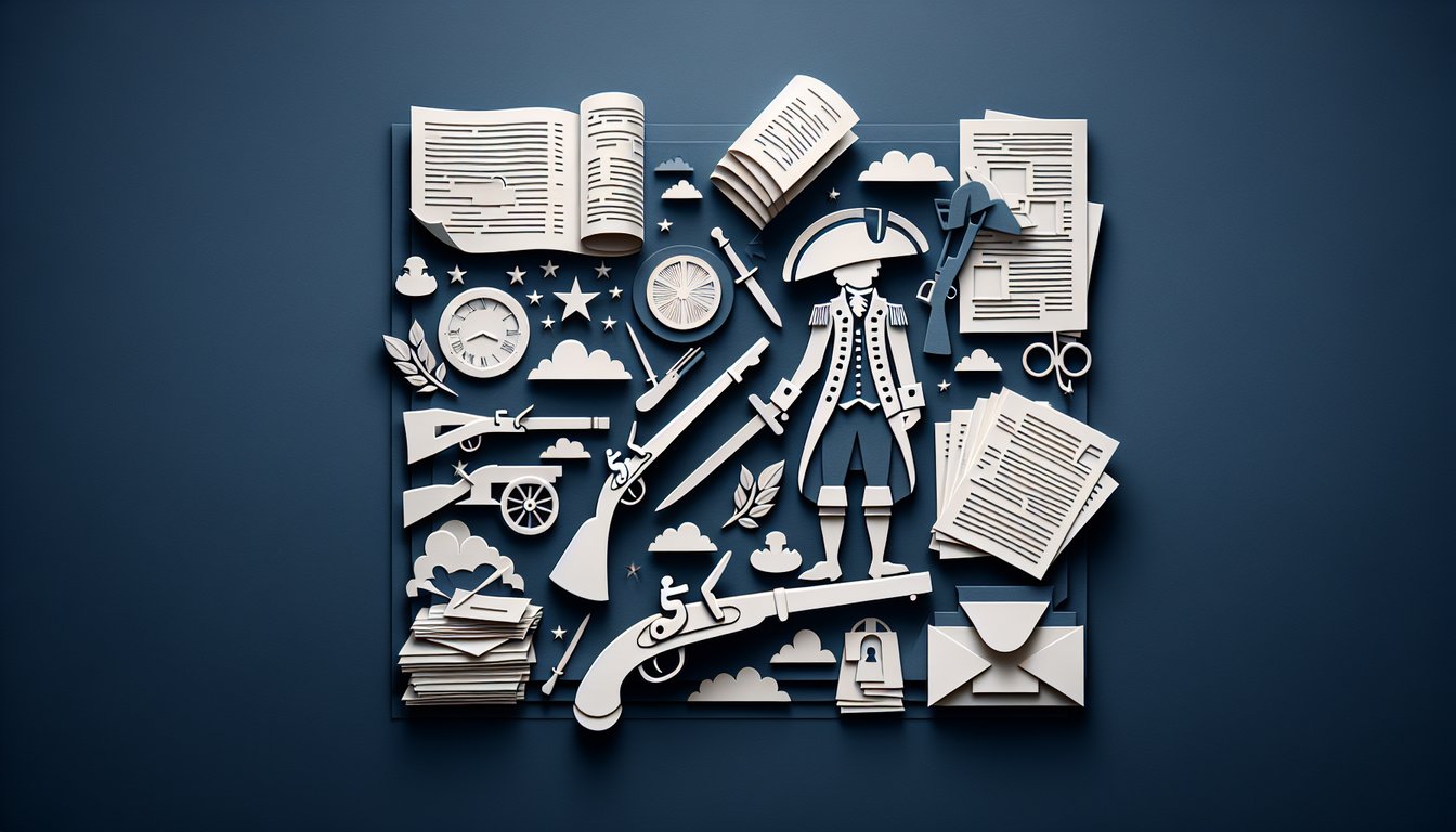 Paper art illustration of colonial soldier quill parchment and quiz icons on dark blue background