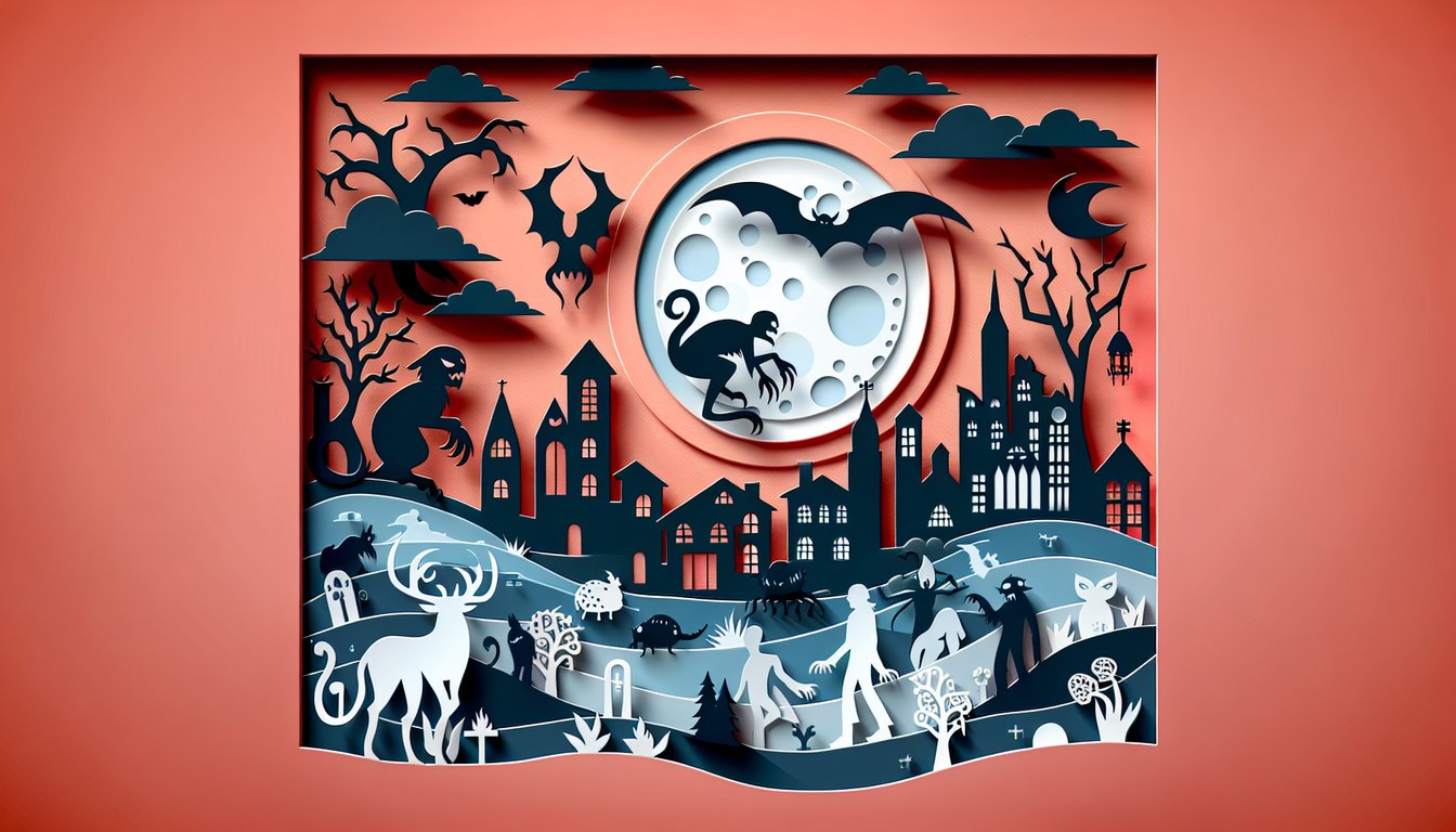 Paper art illustration for urban legend trivia quiz with legendary creatures on a coral background