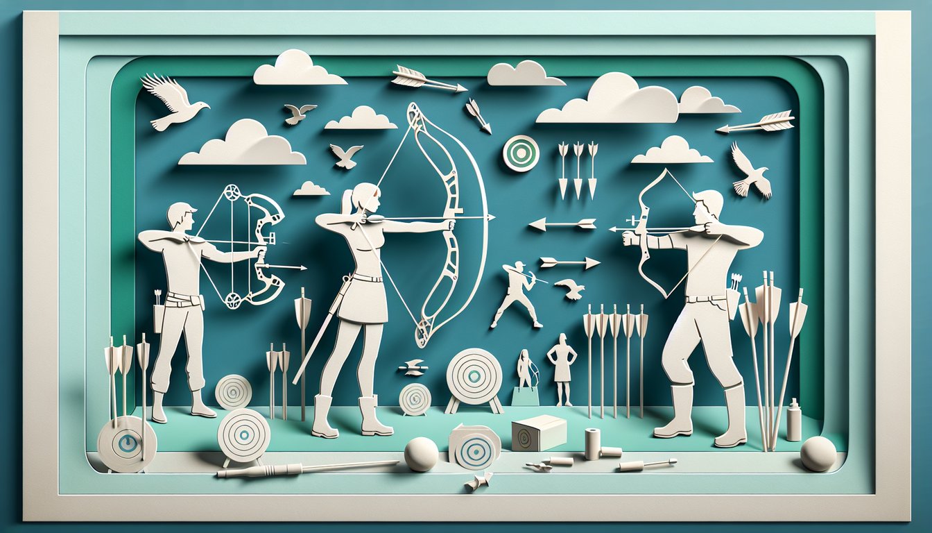 paper art crossbow and bow icons archery quiz challenge target shooter powerhouse marksman on teal background