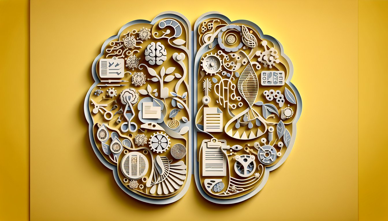 Paper art illustration of Parkinson disease quiz elements on a golden yellow background highlighting causes stages symptoms