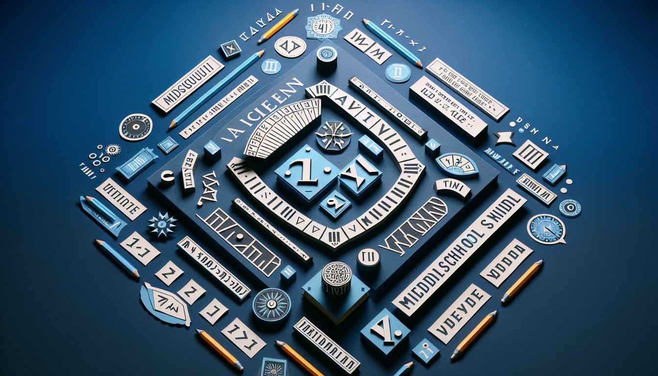 Colorful paper art promoting Roman Numerals Challenge quiz for middle school students.