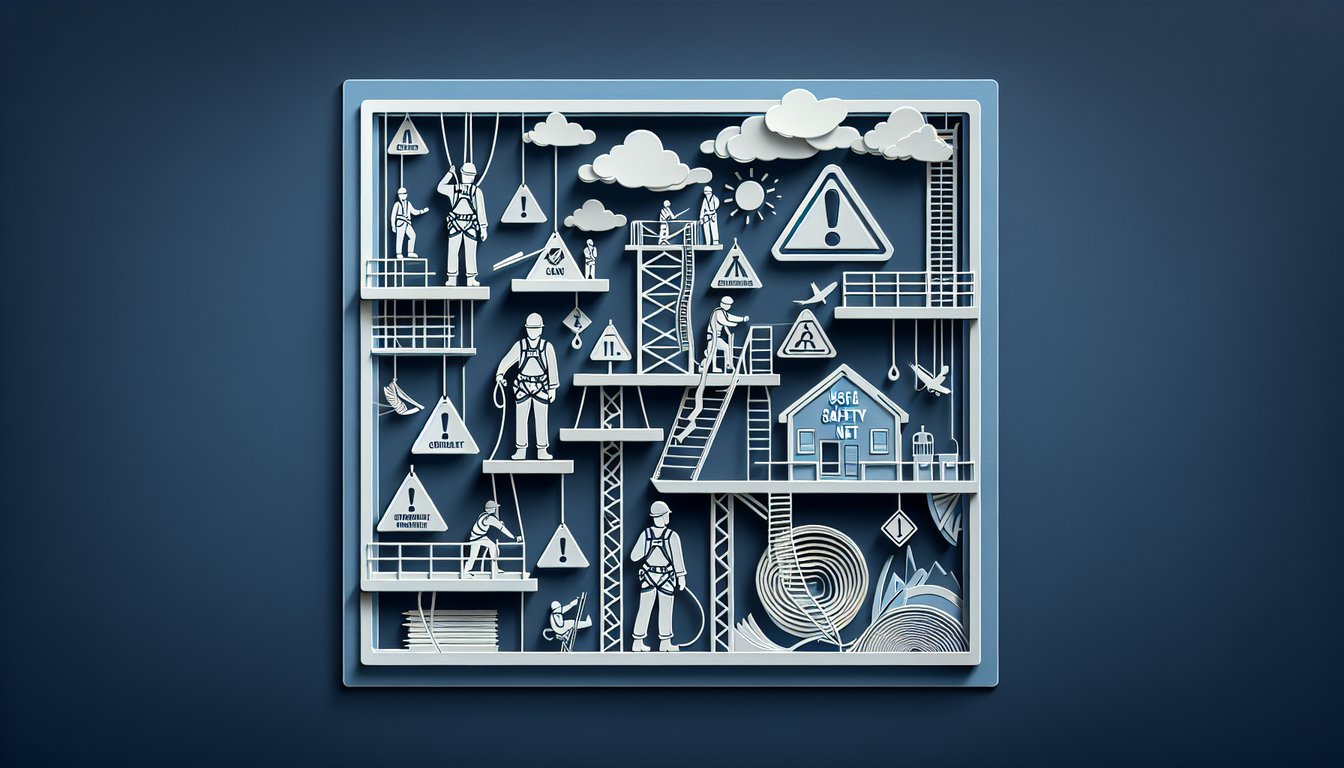 Paper cutout illustration featuring fall protection equipment and OSHA test quiz theme on dark blue background