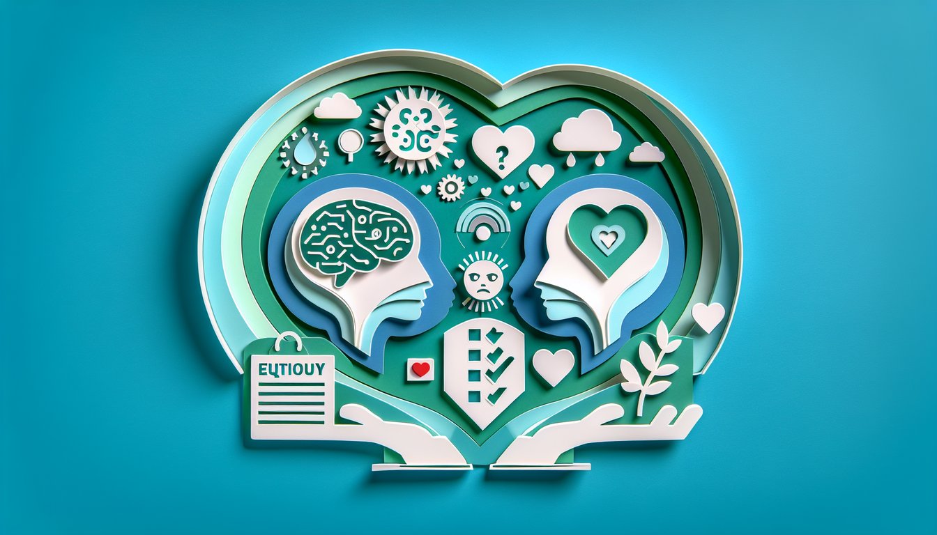 Layered paper art human head silhouettes with puzzle pieces and question marks on teal background hinting at EQ quiz