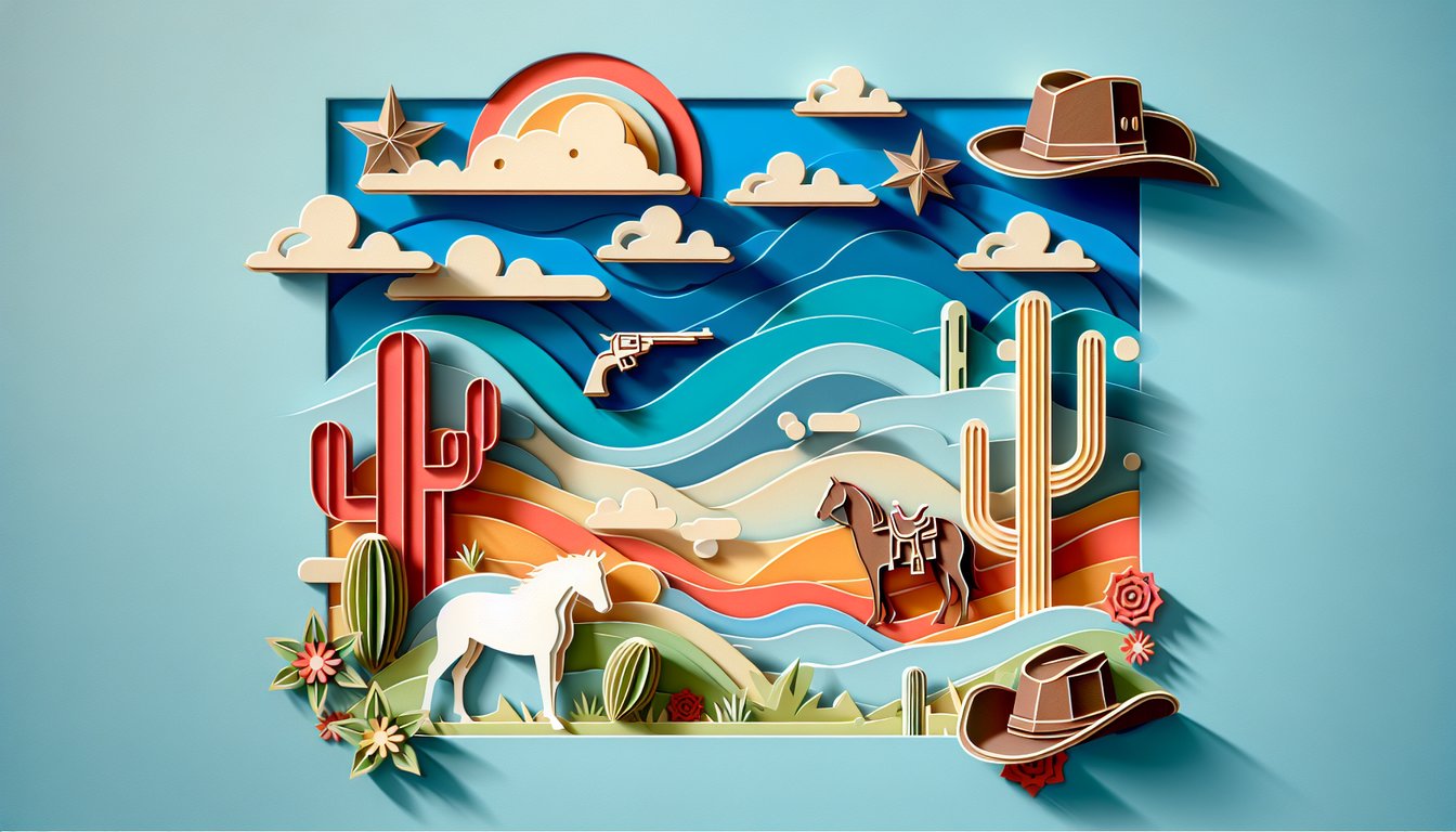 Paper art illustration for RDR2 quiz to find your matching character on a sky blue background.