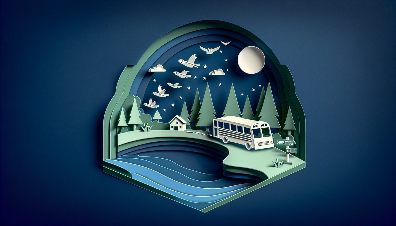 Paper art illustration for Holes Chapter 3 trivia quiz featuring Stanleys bus ride to Camp Green Lake on dark blue background.