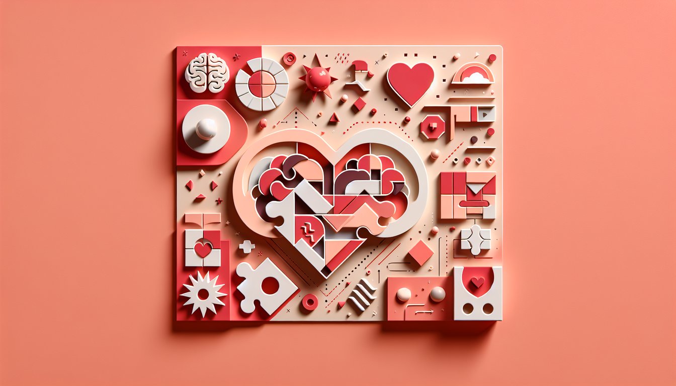 Paper cut illustration of two face silhouettes merging into interlocking hearts with text bubbles on coral background