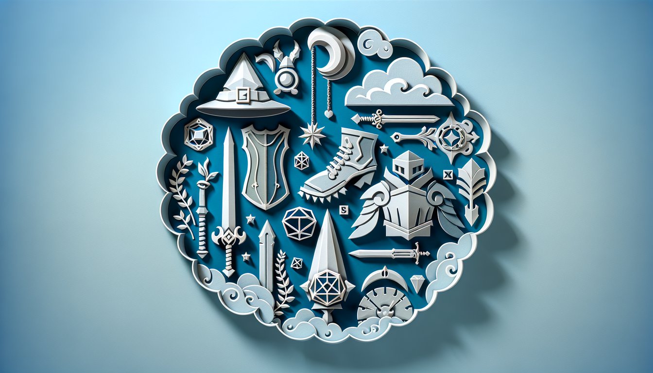 Paper art illustration of fantasy class icons for a D D quiz to discover ideal role on a sky blue background.