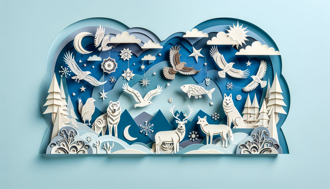 Paper art illustration for past life animal quiz on sky blue background