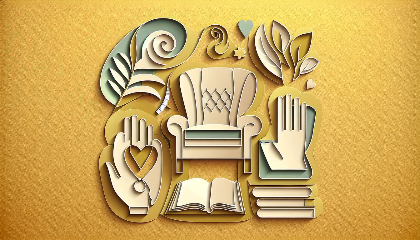 Paper art illustration for a therapist readiness quiz on a golden yellow background