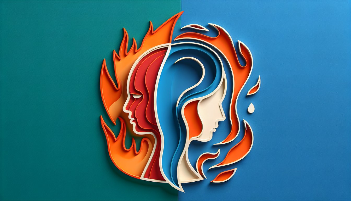 Paper cut art illustration of fiery and calm Aggretsuko style characters on teal background for personality quiz