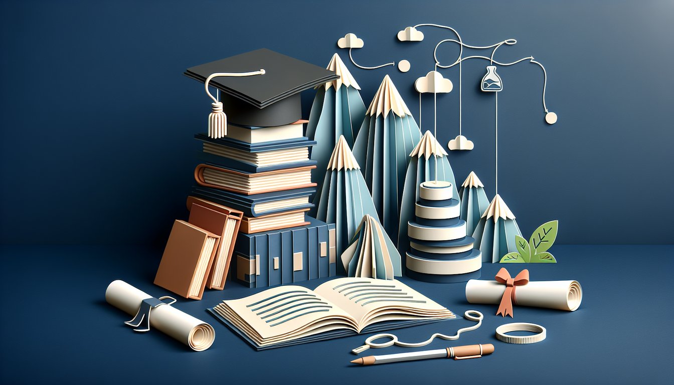 Paper cutout style quiz on dark blue background with chapter 8 question marks pencils books and start quiz prompt