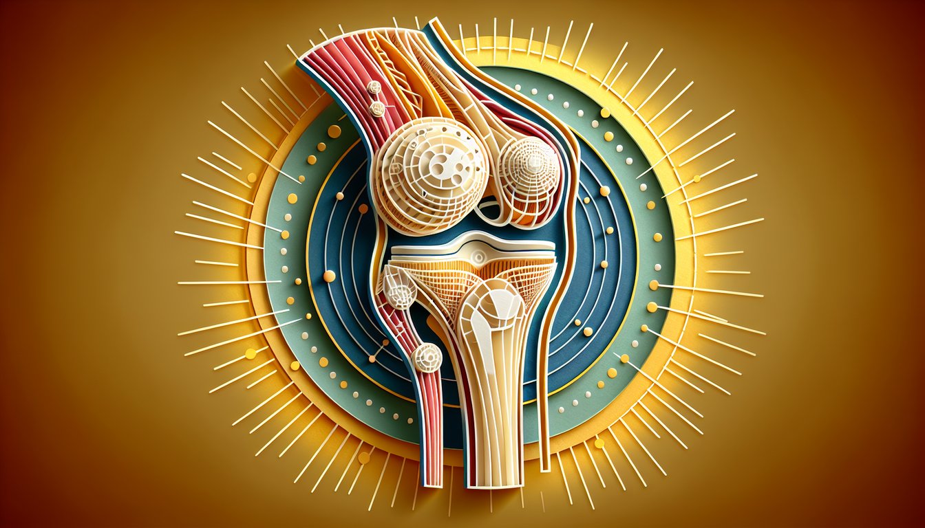 Paper art illustration for knee anatomy quiz on a golden yellow background