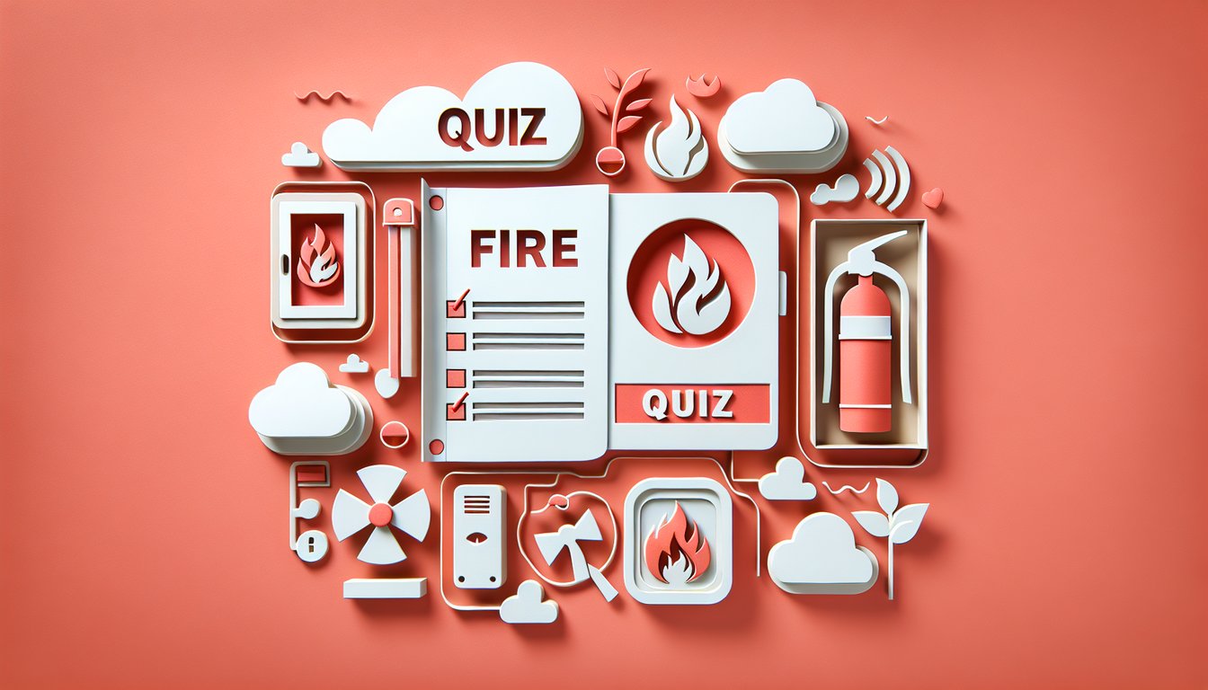 Paper art illustration for F60 Fire Guard quiz on coral background highlighting fire safety concepts.