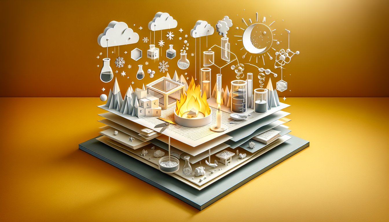 Paper art illustration depicting chemistry quiz elements molecules test tubes state changes on golden yellow background.