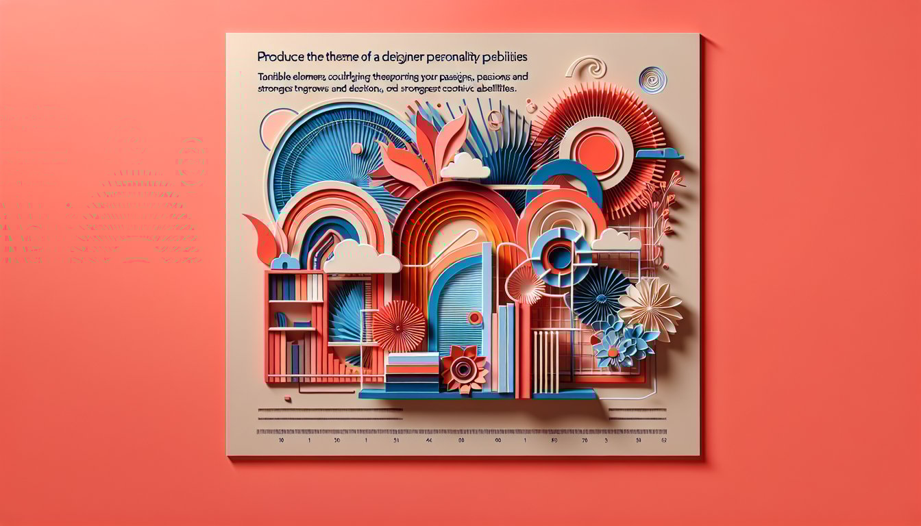 Paper art quiz illustration promoting free designer personality test on a coral background