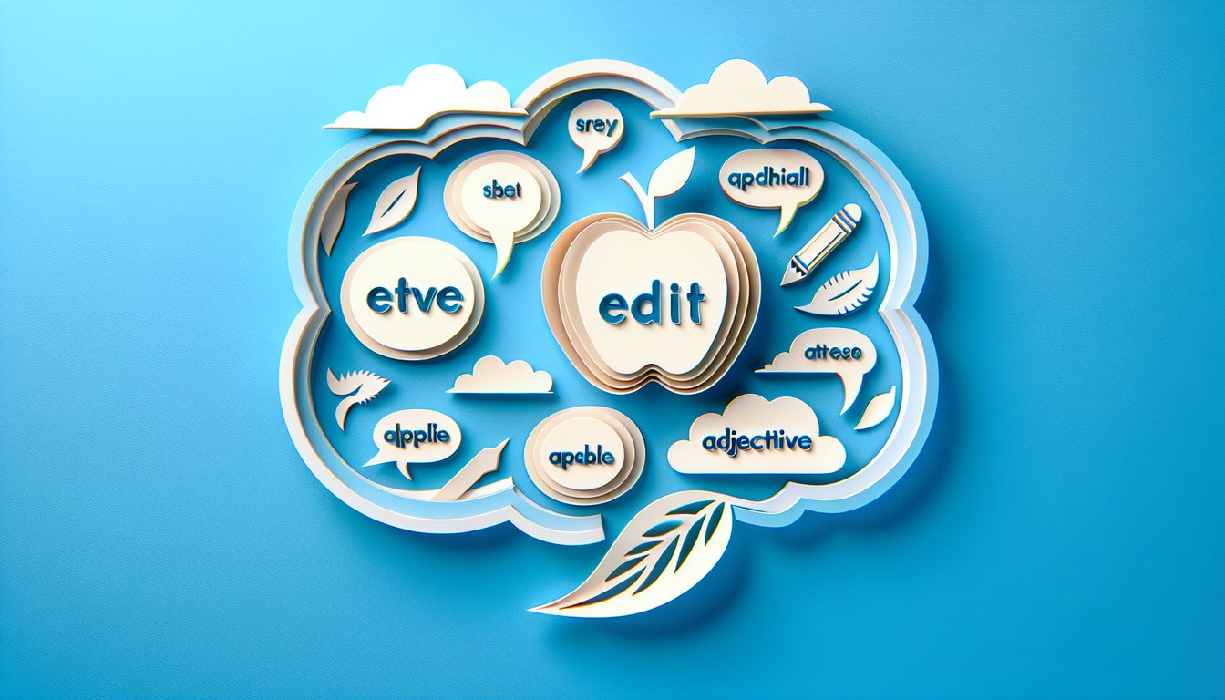 Paper cut quiz banner with bright shapes and letters on a sky blue background inviting test of descriptive adjective skills