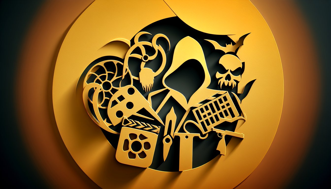 Paper art illustration for Scream trivia quiz on a golden yellow background