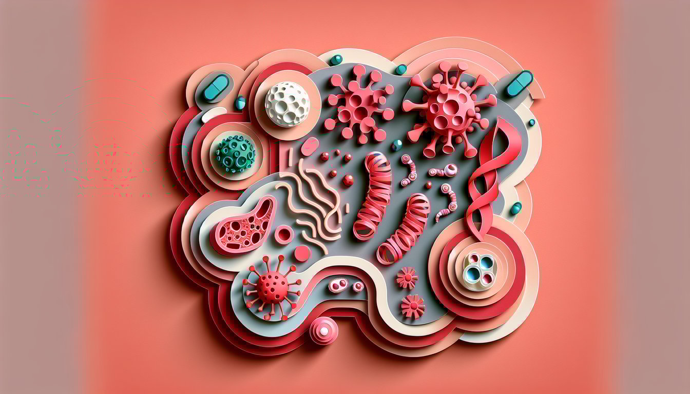 Paper cutout style illustration showing microbes cells virus shapes and question marks on coral background