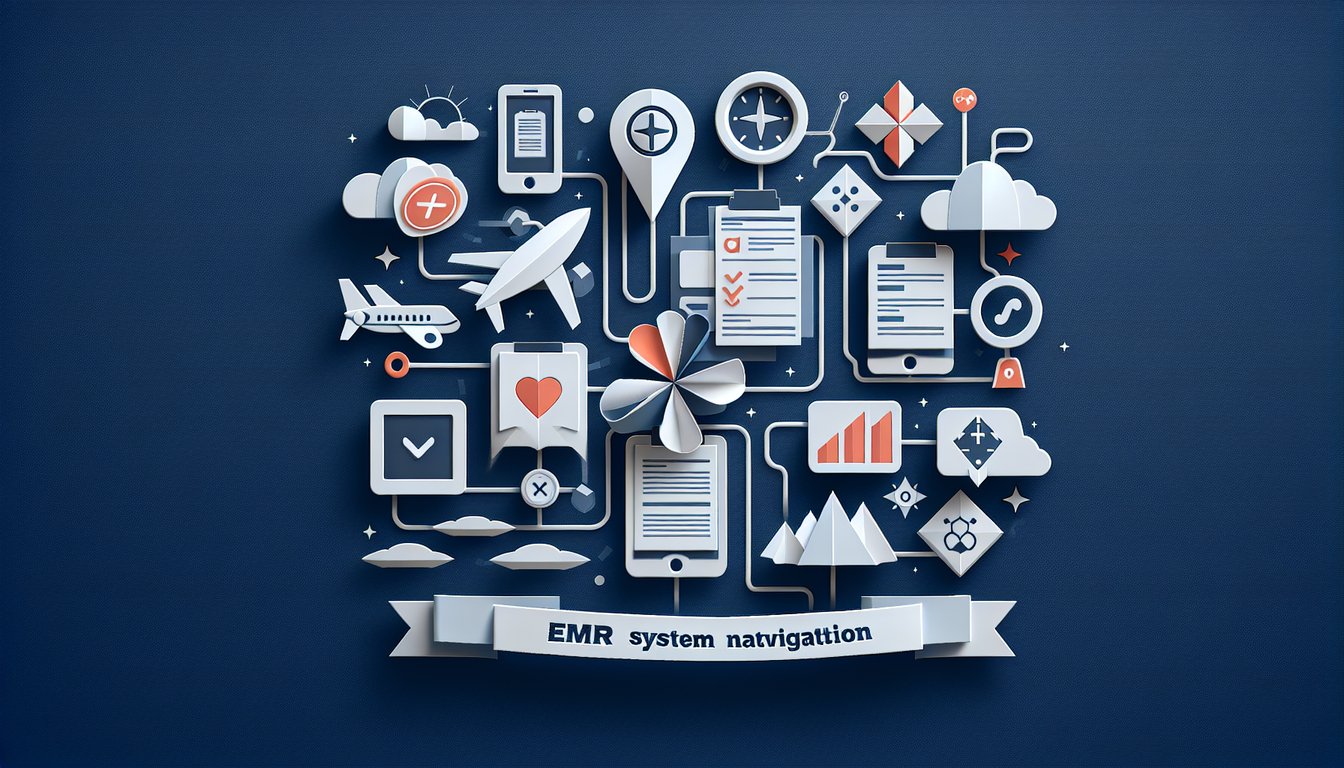 Colorful paper art depicting a quiz on EMR System Navigation Knowledge Test