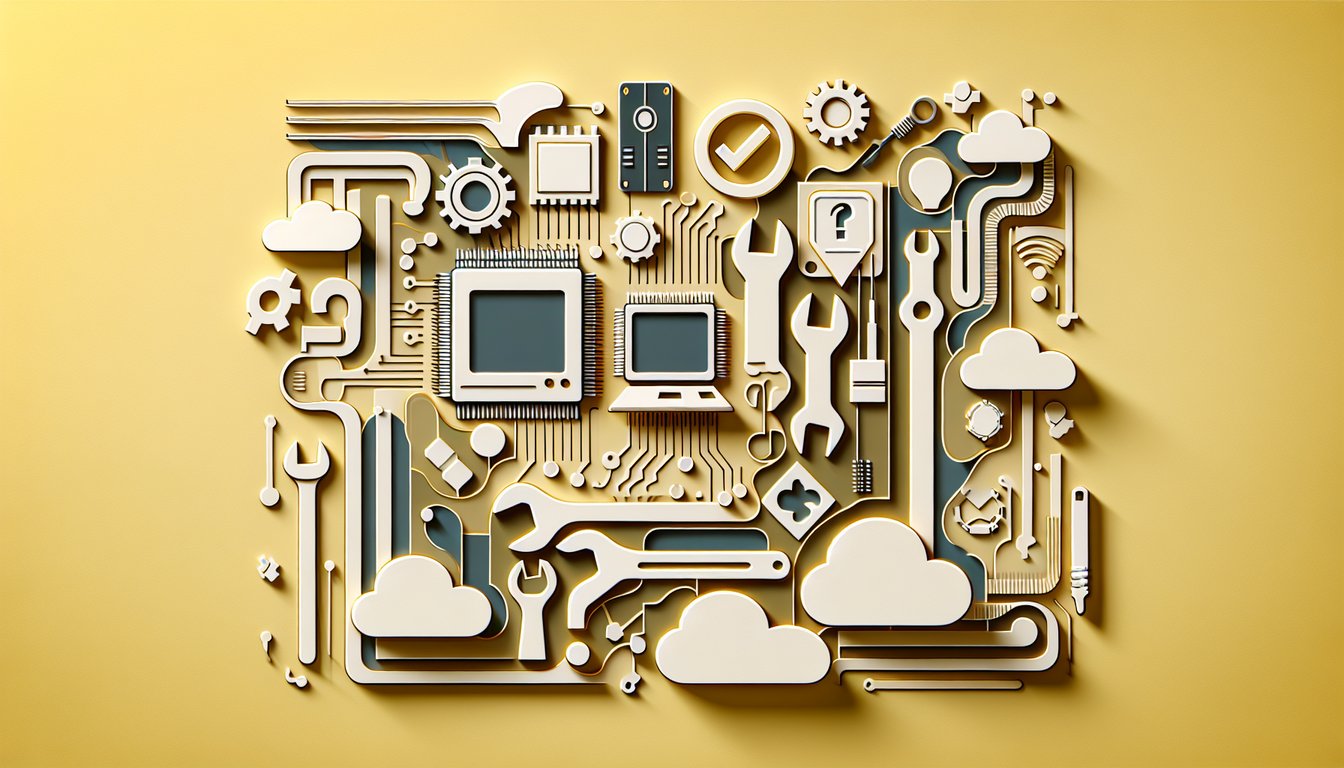 Paper art illustration of laptop gears and circuit board on golden yellow background for free computer diagnostic quiz