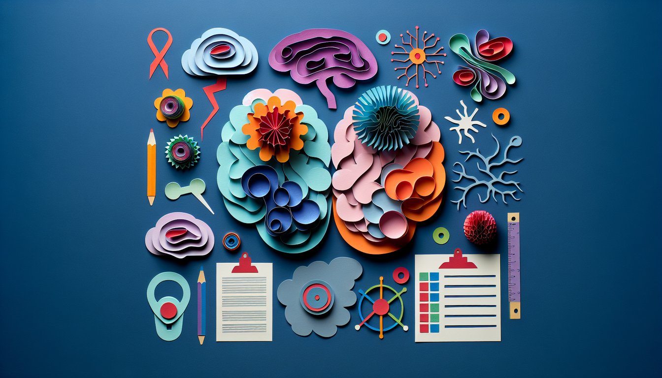 Paper art depicting trivia challenge for AP Psychology Unit 10 for high school students.