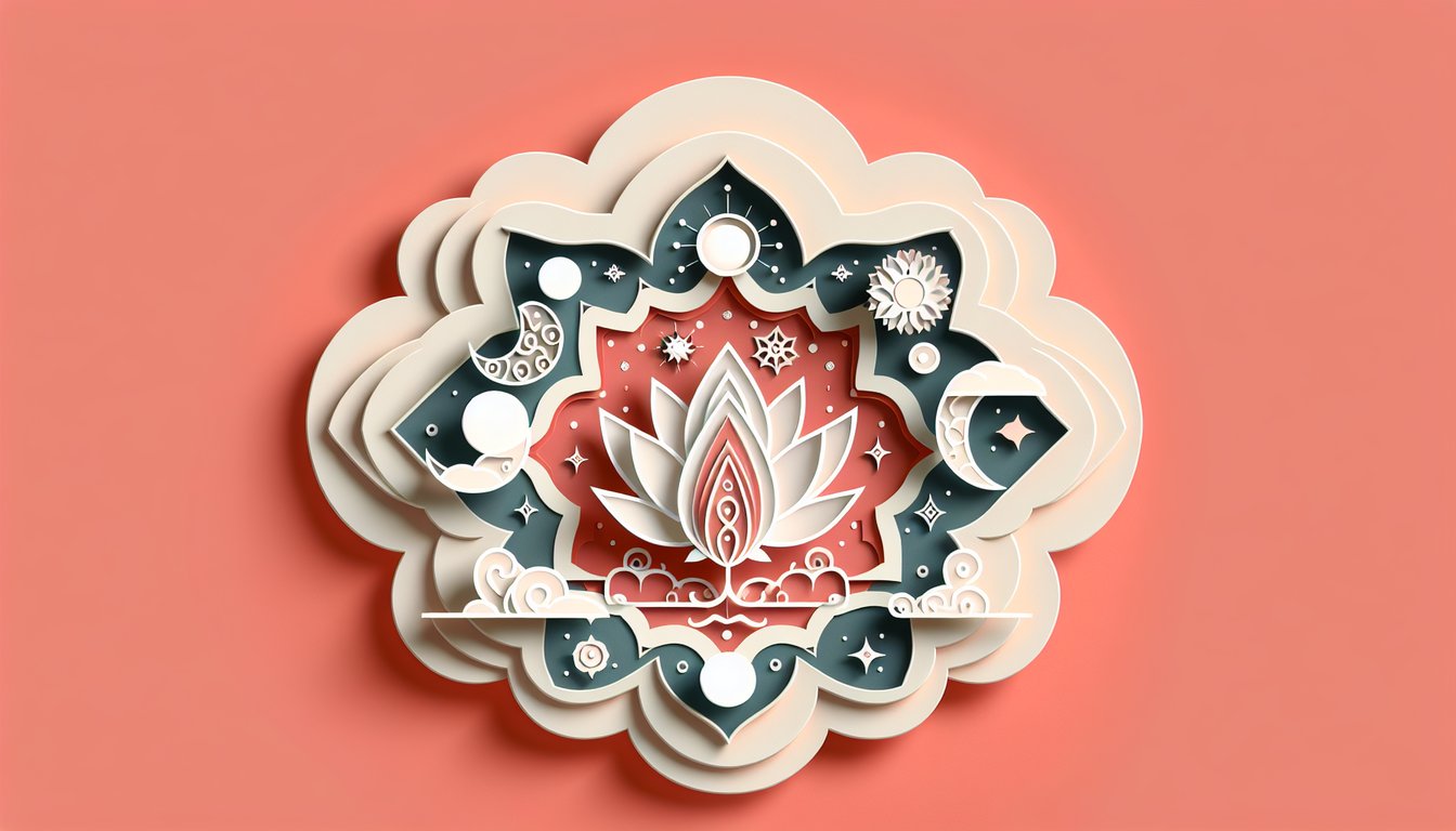 Coral background layered paper art mandala with light rays crystals and chakra symbols hinting at spiritual superpower quiz
