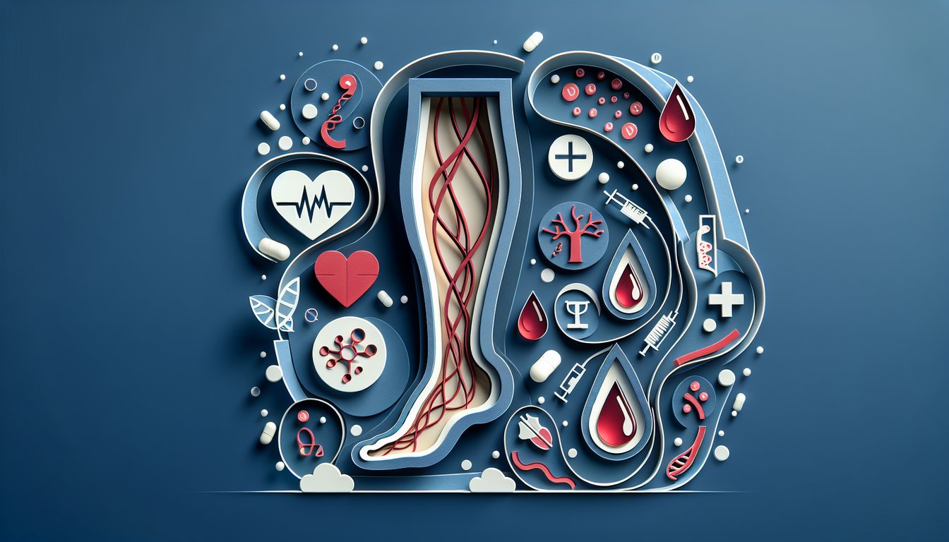 Paper art illustration of leg with highlighted veins beside quiz title on dark blue background