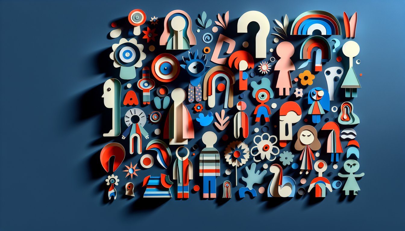 Paper art illustration colorful quirky Ugly Doll characters with quiz invitation text on dark blue background.