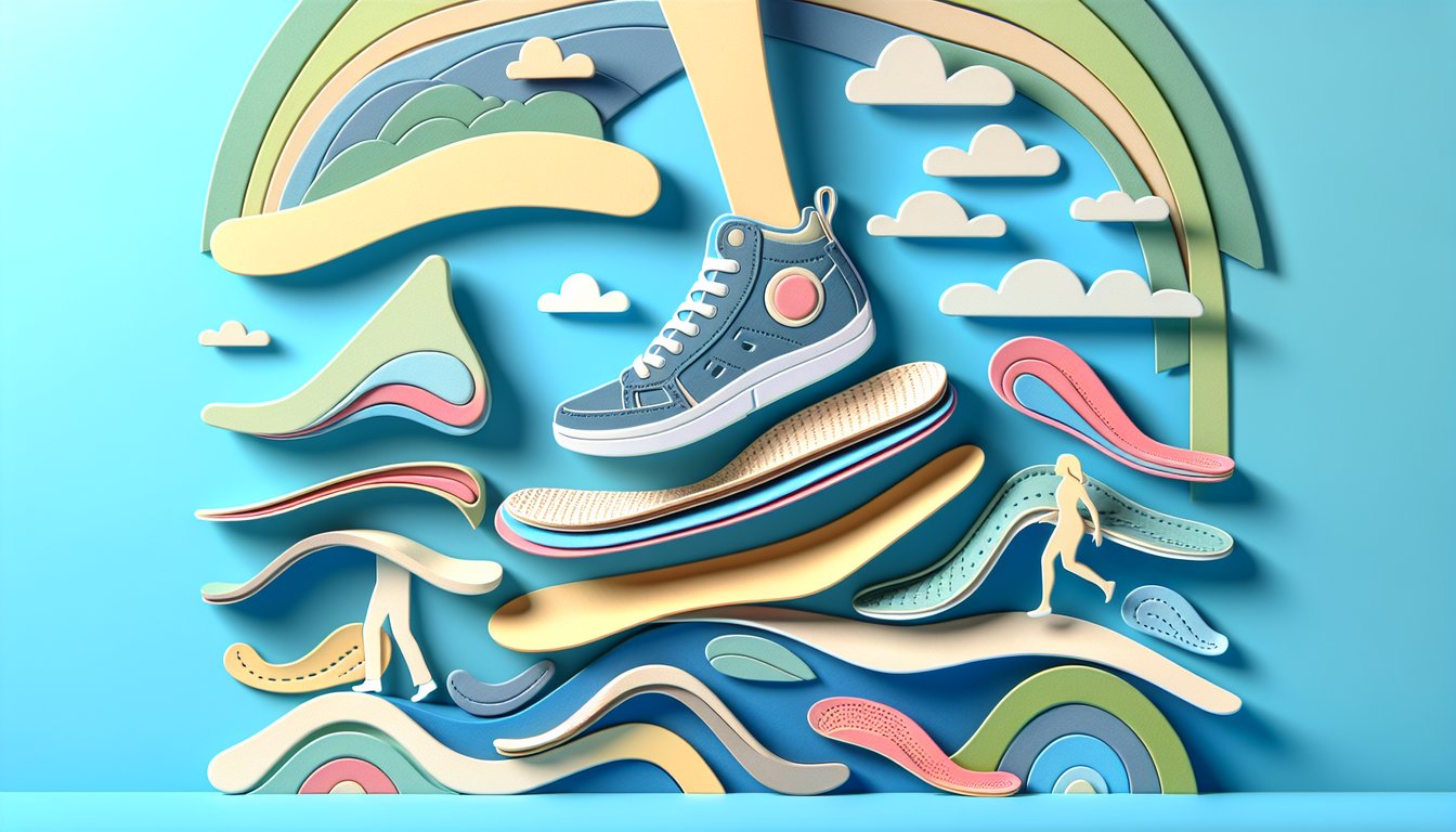 Paper art illustration with layered insoles and foot silhouettes on a sky blue background representing arch support quiz