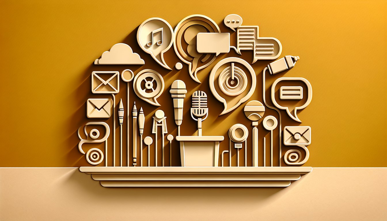 Paper art letters and speech bubbles on a golden yellow background for a rhetoric quiz challenge