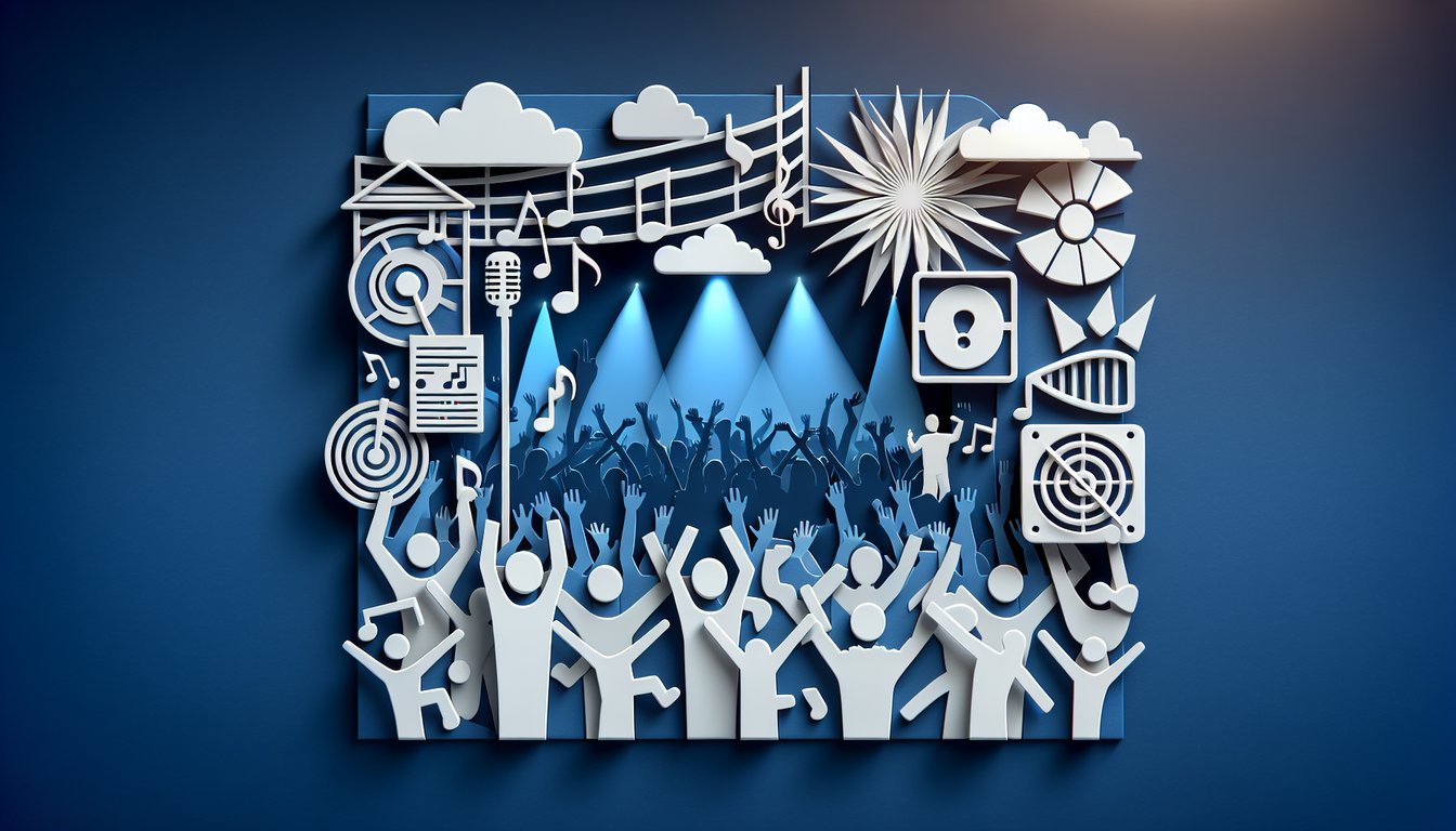 Paper art Backstreet Boys silhouettes microphone music notes quiz banner on dark blue background