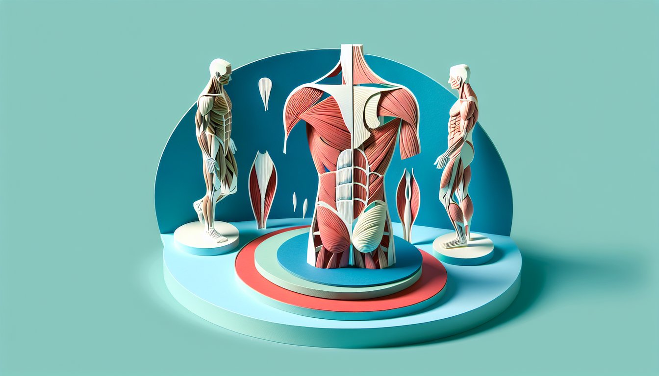 Paper art illustration for a trunk muscles quiz on a sky blue background