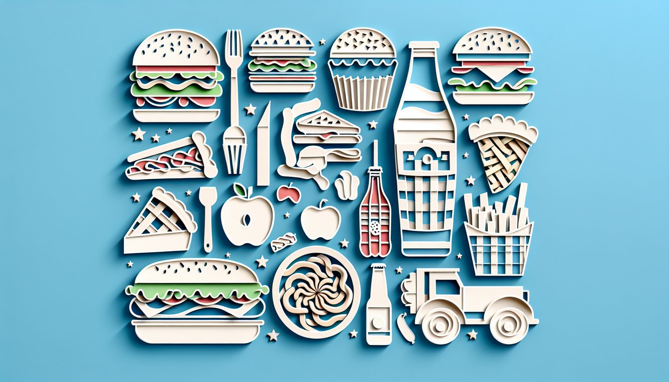 Paper art style burger, hot dog, fries, pizza slice and food trivia quiz text on sky blue background.