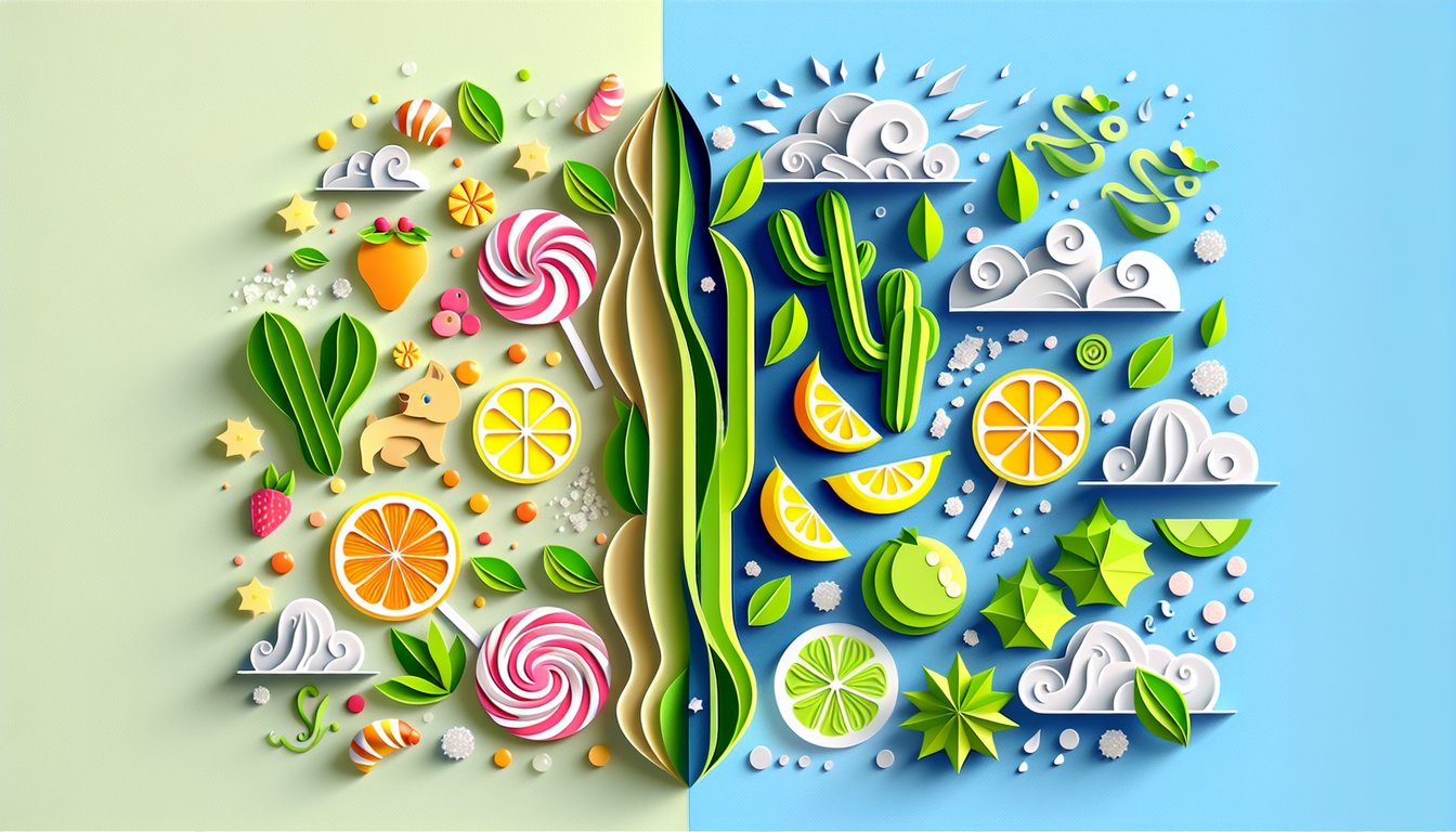 paper art illustration of sweet candy and sour lemon on sky blue background for personality flavor quiz