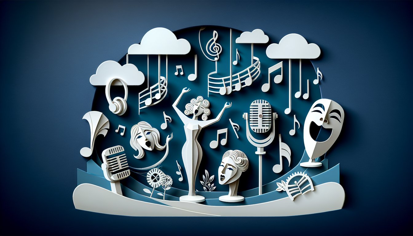 Paper art illustrating stylized female singer silhouette with musical notes on dark blue background for voice quiz.