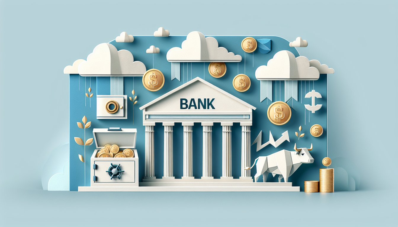 Paper art showing coins bills bank graph calculator on sky blue background for finance trivia quiz challenge