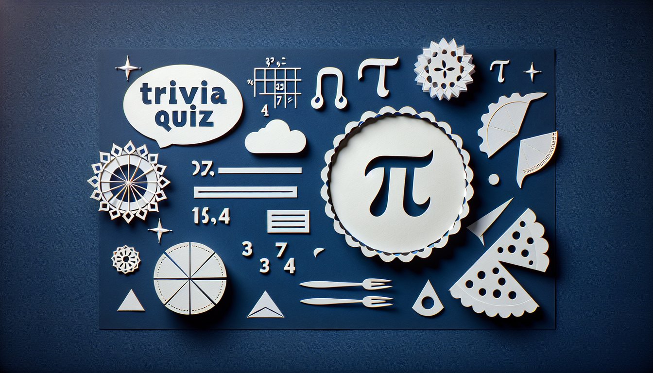 Colorful paper art depicting elements related to Pi Day for a trivia quiz
