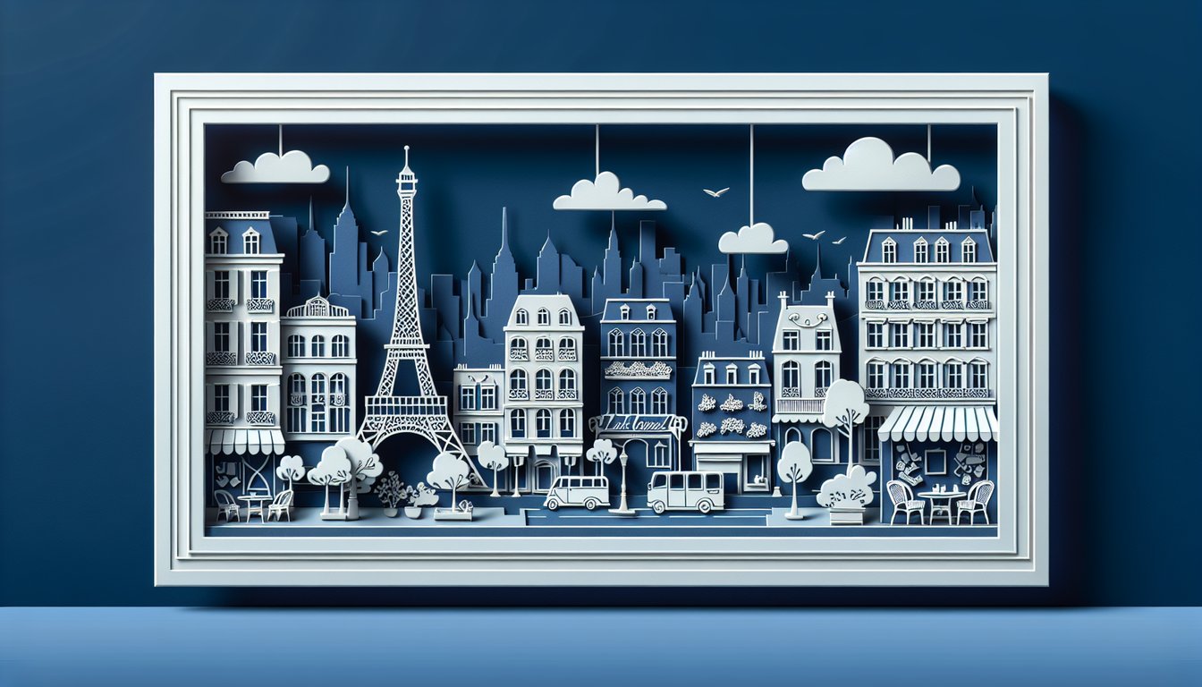 Paper art illustration for Emily in Paris trivia quiz featuring iconic moments and characters on dark blue background.
