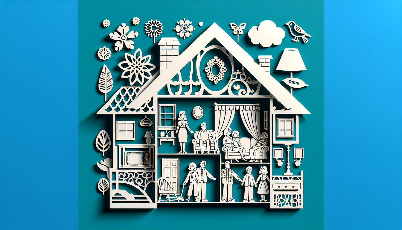 Paper art illustration for Fuller House personality quiz on teal background