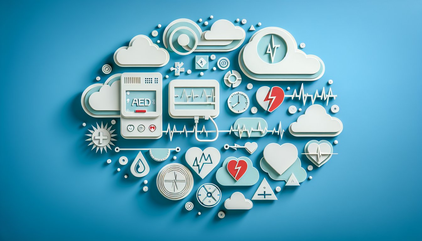 Paper art style AED defibrillator with pads heart rhythm graphics quiz header on sky blue background