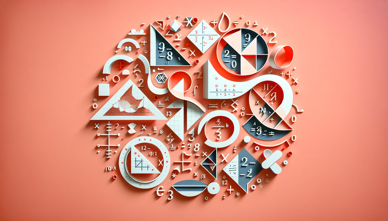 Paper art illustration of polynomial equations radical symbols on coral background for free polynomials quiz