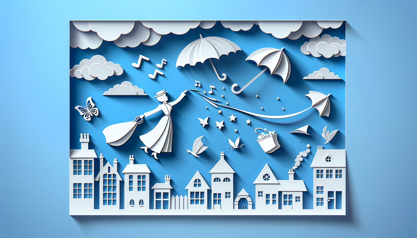 Paper art illustration for Mary Poppins trivia quiz on sky blue background