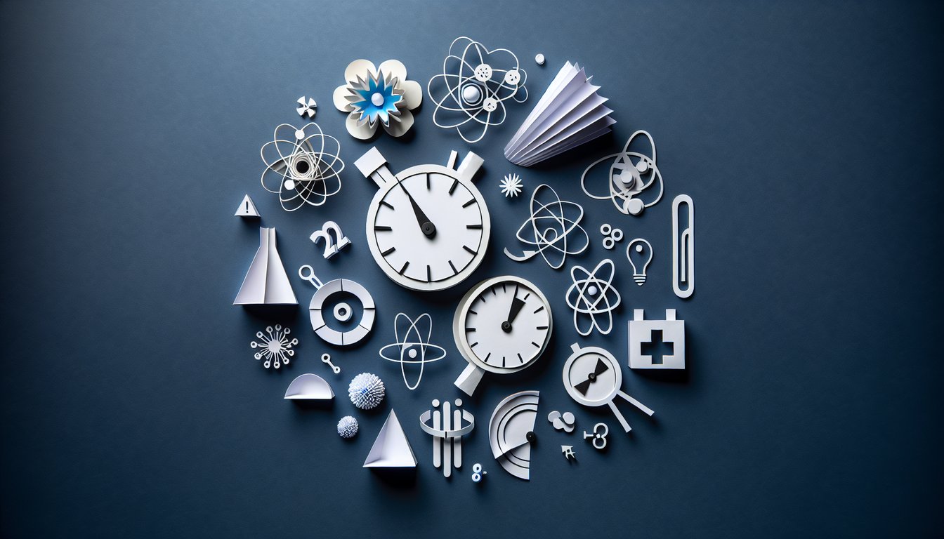 Colorful paper art promoting Half-Life Mastery, a chemistry trivia quiz for high school students.