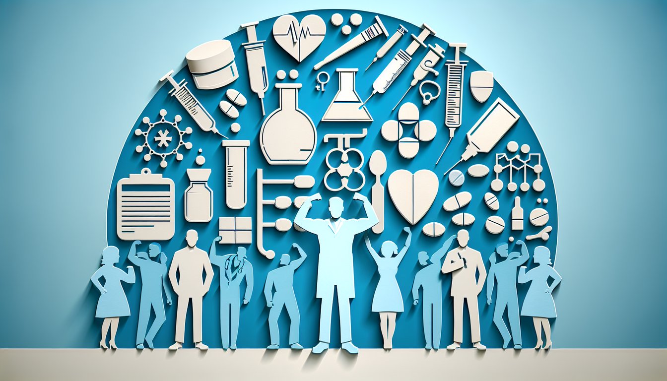 Paper art illustration of pill syringe and test tube icons with quiz title text on sky blue background.
