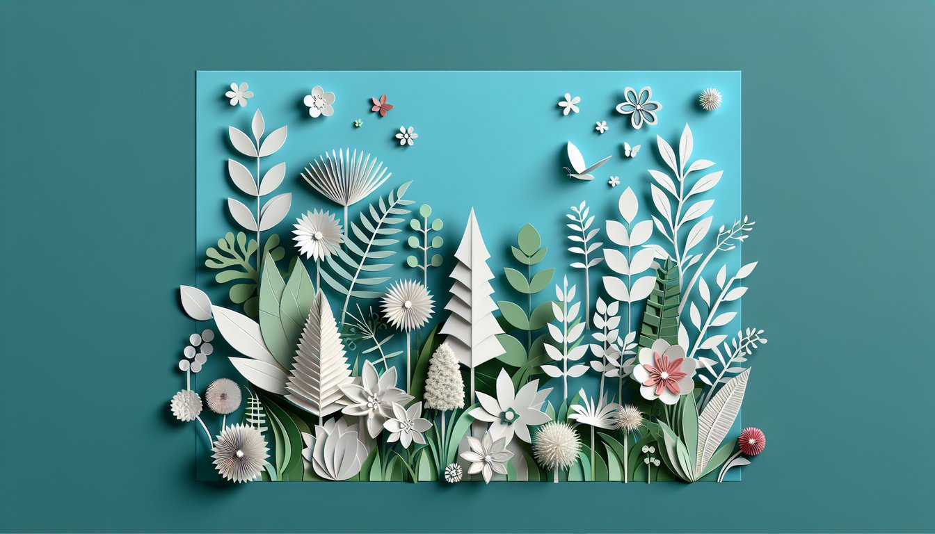 Paper art style leaves flowers and botanical shapes framing Plant Trivia Quiz title on teal background.