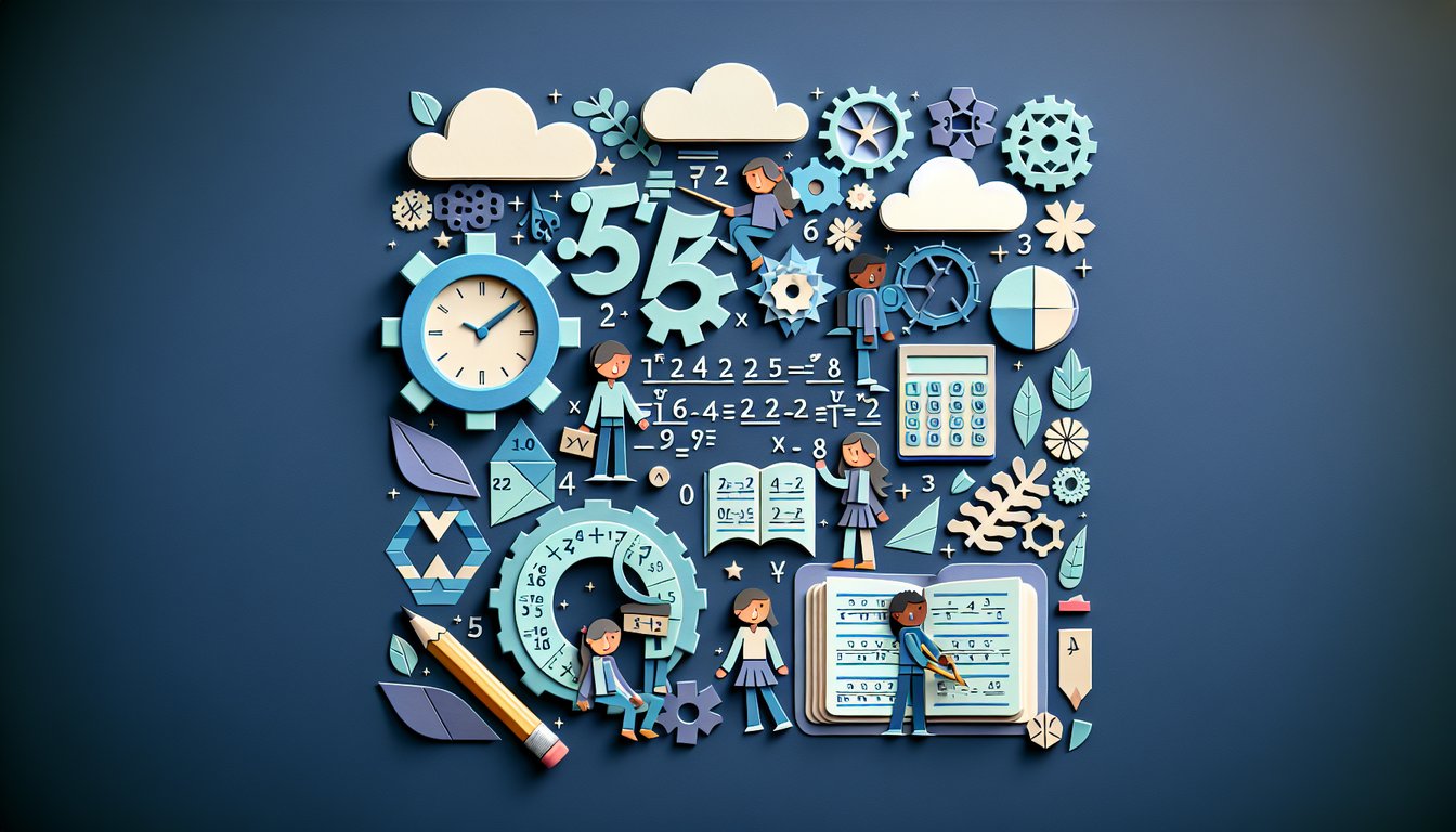 Colorful paper art promoting a 5th-grade fraction word problems quiz.