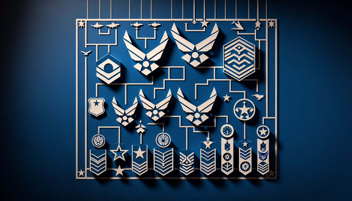 Paper art depicting a trivia quiz about US Air Force rank structures for students and enthusiasts.