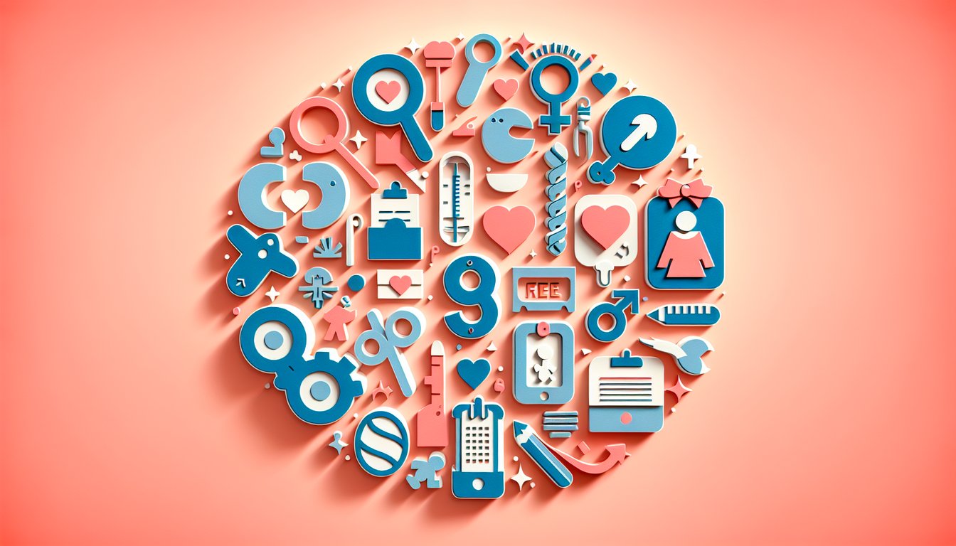 Paper art illustration for baby gender quiz with boy and girl icons question marks on coral background