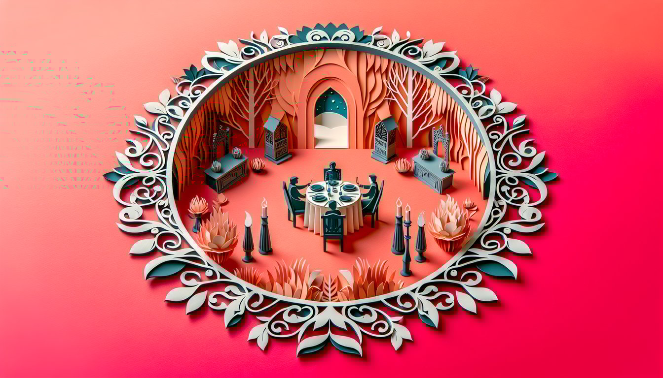 Paper art illustration of books and steaming teacup over map motifs on coral background for Mr Pirzada quiz