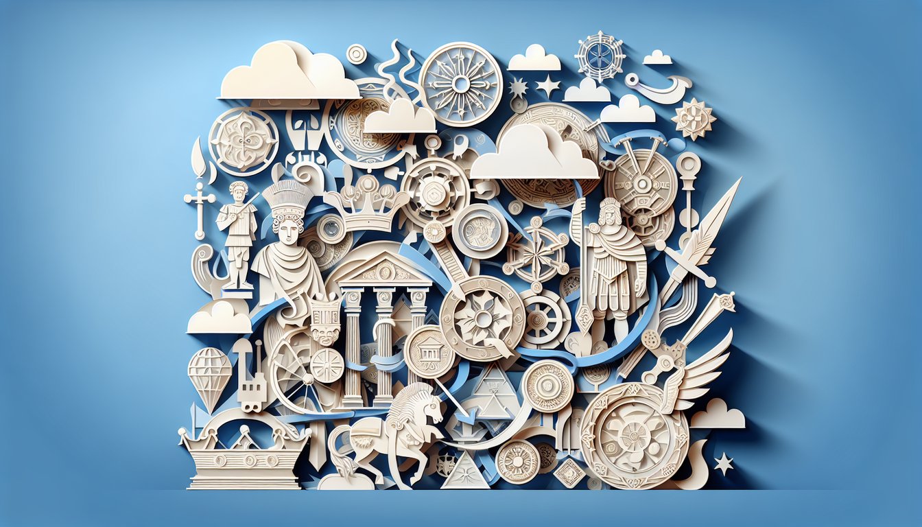 Paper art style depiction of royal figures, crowns, scroll, quill, castle silhouettes against a sky blue backdrop.